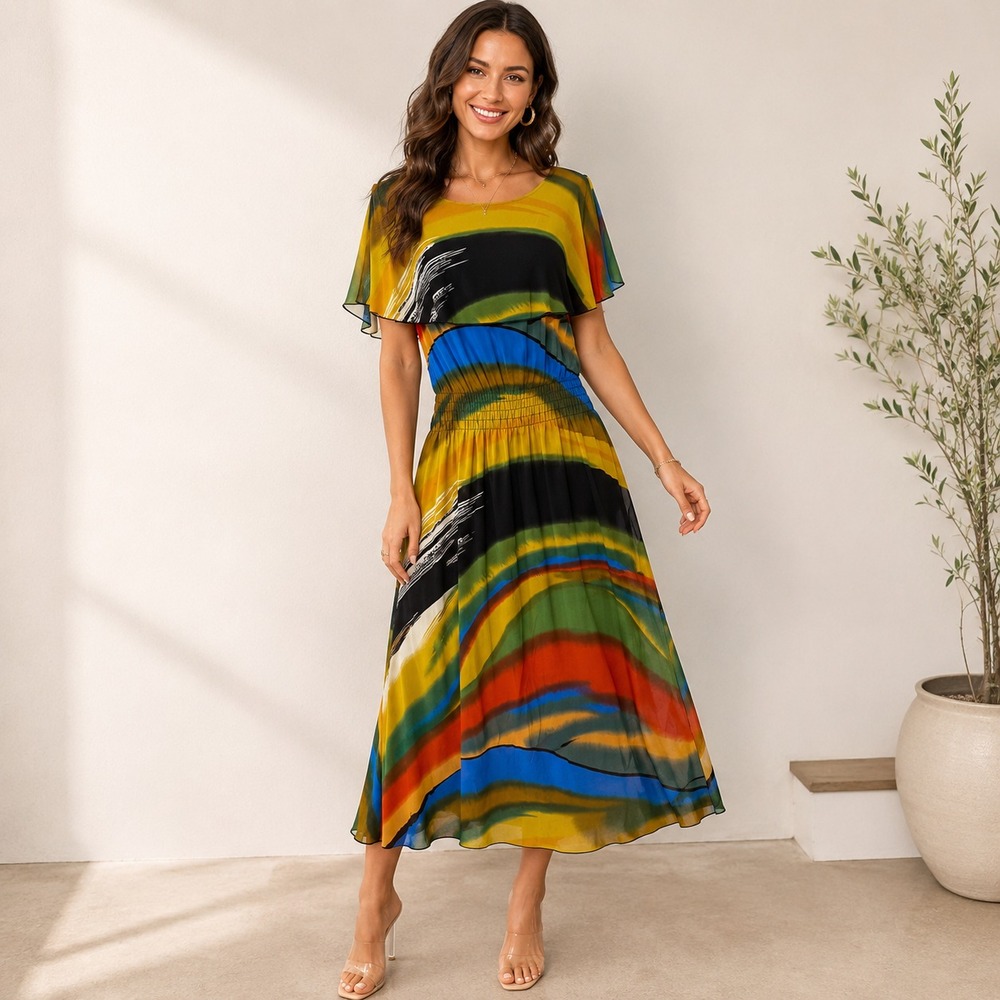Maxi Dress Sz M Ruffle Overlay Cold Shoulder Retro Boho Artsy Cowgirl Chic